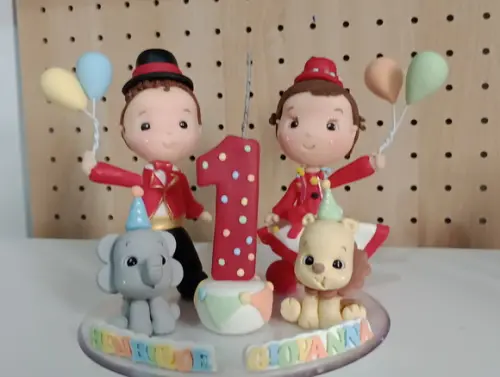 Topo de Bolo Circo de Biscuit para Gêmeos