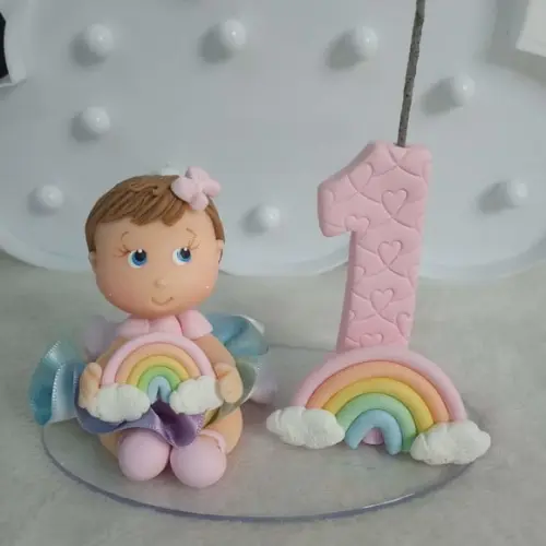 Topo de Bolo de Biscuit com Vela para Menina Tema Arco-íris