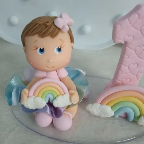 Topo de Bolo de Biscuit com Vela para Menina Tema Arco-íris