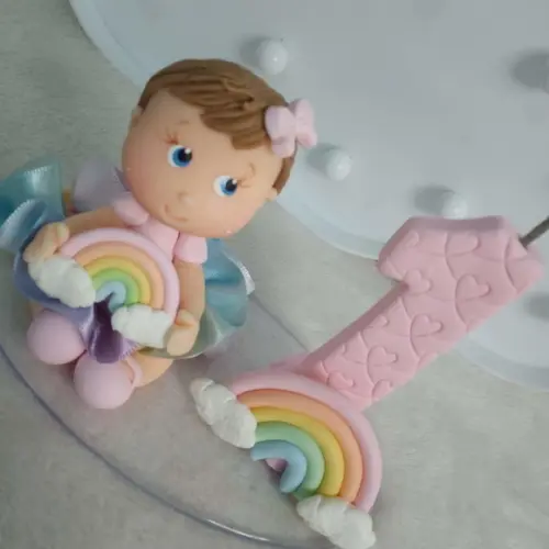 Topo de Bolo de Biscuit com Vela para Menina Tema Arco-íris