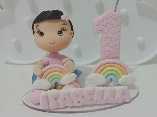 Topo de Bolo de Biscuit Menina Tema Arco-íris com Nome