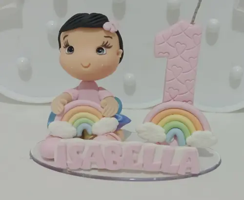 Topo de Bolo de Biscuit Menina Tema Arco-íris com Nome
