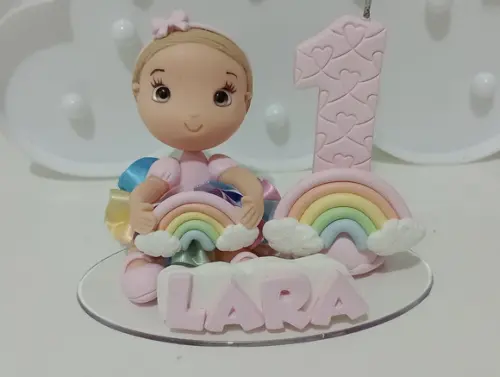 Topo de Bolo de Biscuit Menina Tema Arco-íris com Nome