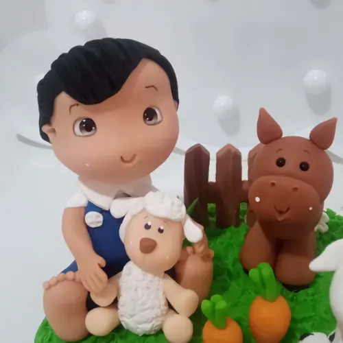 Topo de Bolo Fazendinha de Biscuit com Vela para Menino