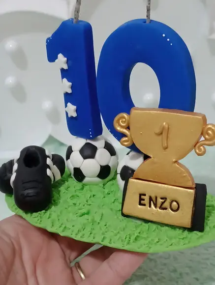 Topo de Bolo Futebol de Biscuit com Vela Personalizada