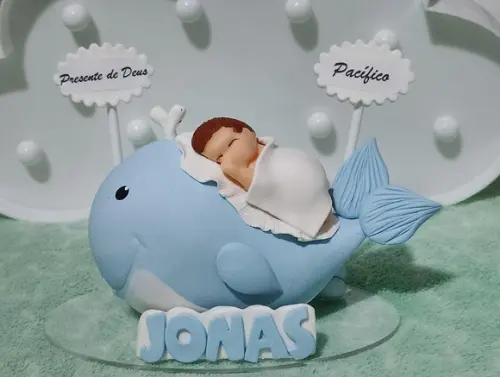 Topo de Bolo Jonas Bebê na Baleia Personalizado