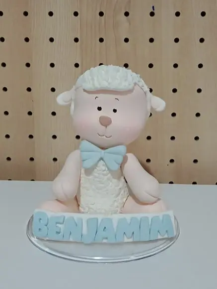 Topo de Bolo Ovelha de Biscuit com Nome para Chá de Bebê
