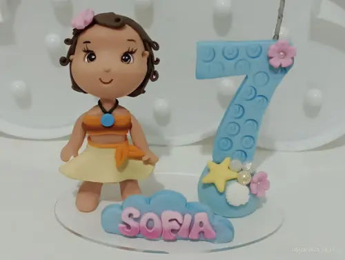 Topo de Bolo Moana com Vela Número e Nome Personalizado