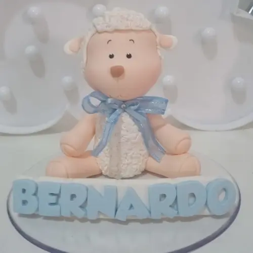 Topo de Bolo Ovelha de Biscuit com Nome para Chá de Bebê