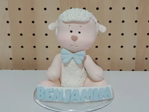 Topo de Bolo Ovelha de Biscuit com Nome para Chá de Bebê