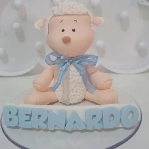 Topo de Bolo Ovelha de Biscuit com Nome para Chá de Bebê