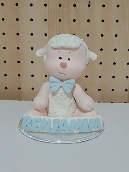 Topo de Bolo Ovelha de Biscuit com Nome para Chá de Bebê