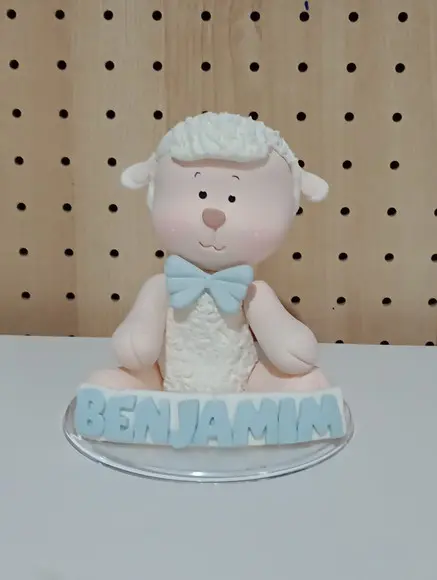 Topo de Bolo Ovelha de Biscuit com Nome para Chá de Bebê