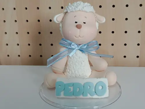 Topo de Bolo Ovelha de Biscuit com Nome para Chá de Bebê