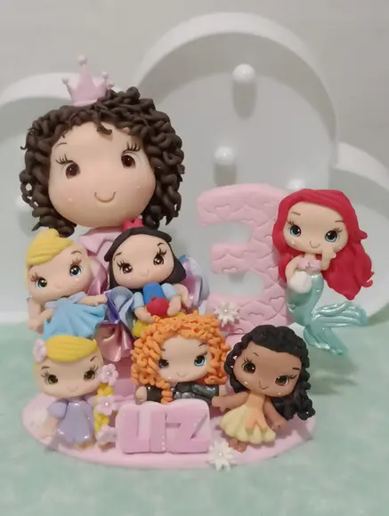 Topo de Bolo Princesas de Biscuit com Boneca e Vela