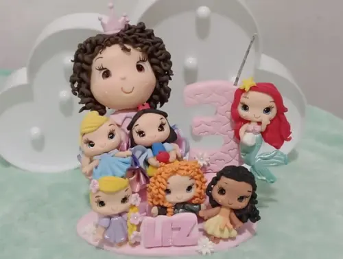 Topo de Bolo Princesas de Biscuit com Boneca e Vela