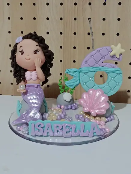 Topo de Bolo Sereia de Bscuit com Vela de Aniversário