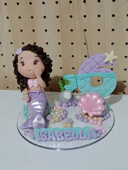 Topo de Bolo Sereia de Bscuit com Vela de Aniversário