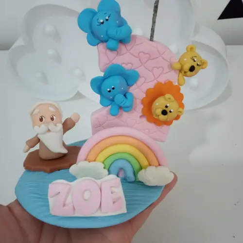 Vela Arca de Noé com Nome de Biscuit para Festa Infantil