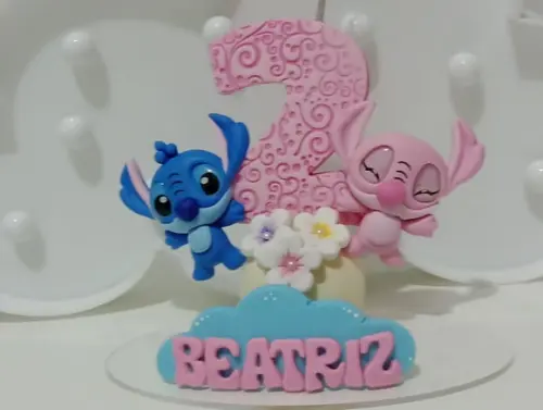 Vela de Biscuit Stitch e Angel Personalizada Nome e Idade