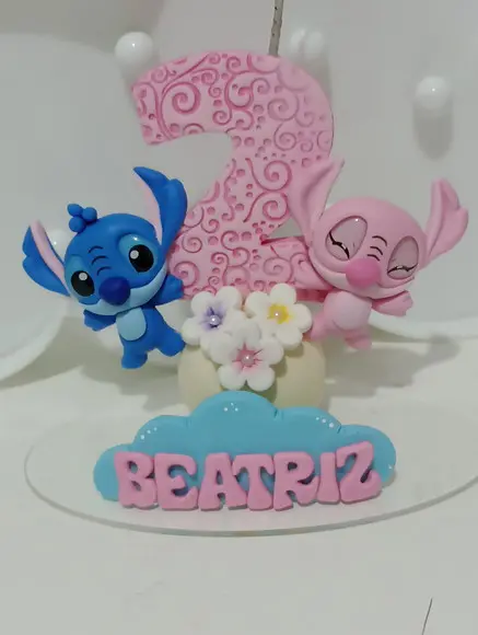 Vela de Biscuit Stitch e Angel Personalizada Nome e Idade