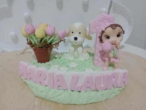 Vela Personalizada Jarim com Boneca e Cachorrinho Biscuit