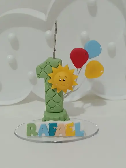 Vela Primeira Volta ao Sol com Balões Nome Colorido Biscuit