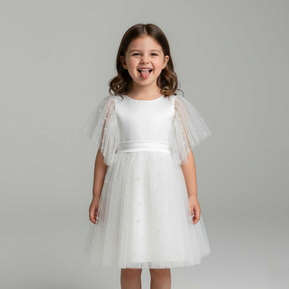 Vestido Infantil para Batizado e Casamento Tule com Pérola