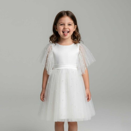 Vestido Infantil para Batizado e Casamento Tule com Pérola
