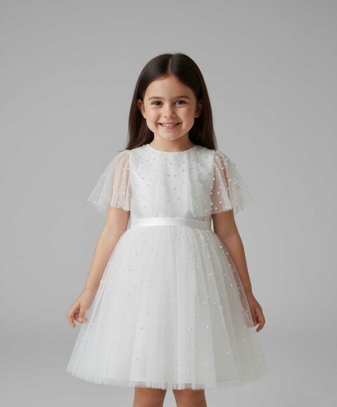 Vestido Infantil para Batizado e Casamento Tule com Pérola