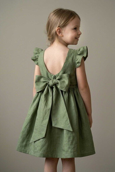 Vestido Infantil Verde Oliva em Fibra Natural | Daminha