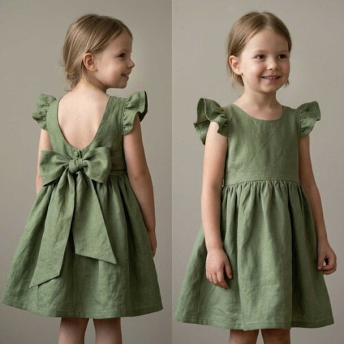 Vestido Infantil Verde Oliva em Fibra Natural | Daminha