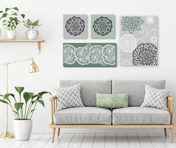 Composição 4 Quadros Pintura em tela Cinza/Verde