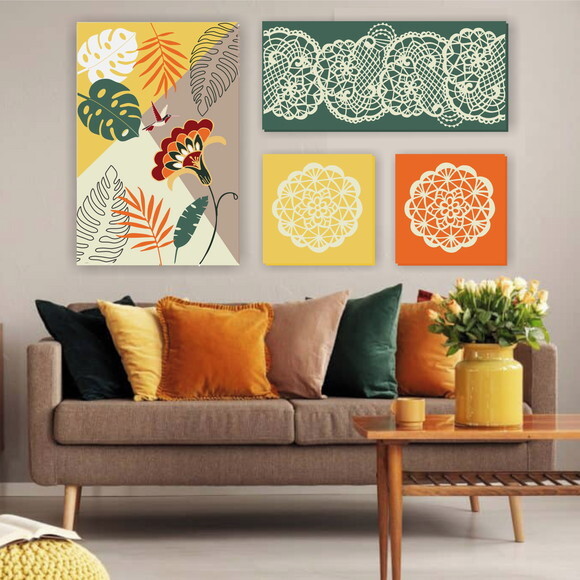 Composição 4 Telas Floral e Mandalas - Pintado Â Mão