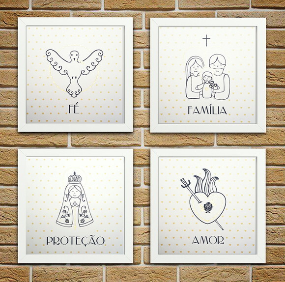 Composição de 4 Quadros com Moldura Fé - 23x23cm cada