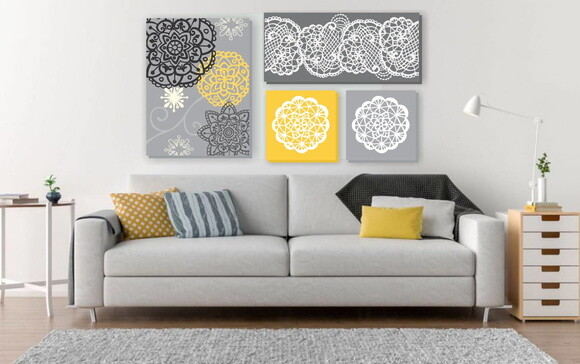 Composição de 4 Quadros pintura em tela Cinza/amarela