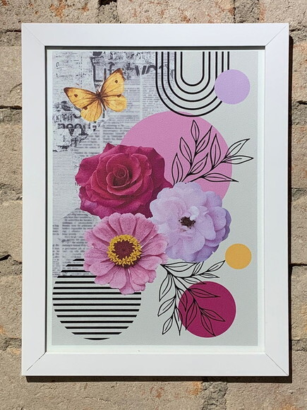 Quadro com Moldura Colagem Floral Rosa Ii 33x24cm