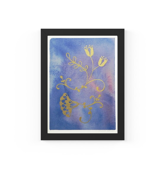 Quadro com Moldura Floral Azul Ouro 33x24cm