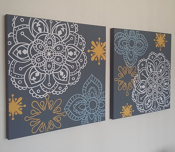 Quadro Pintura em par de Telas Floral Cinza 60X60 cm