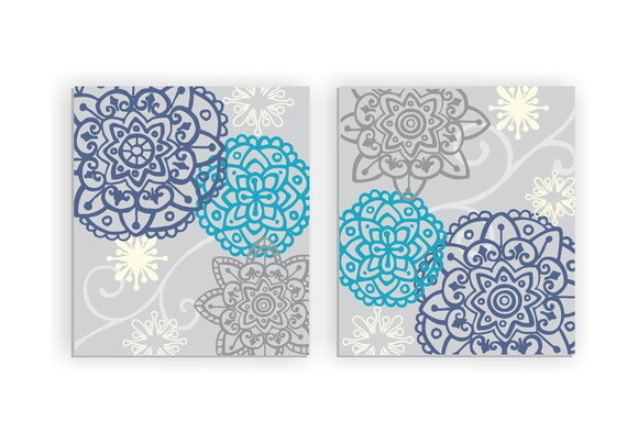 Quadro pintura em Par de Telas Mandala Cinza Azul 70x80cm
