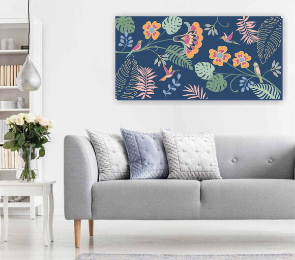 Quadro pintura em Tela Floral Azul e Bronze 120x60cm