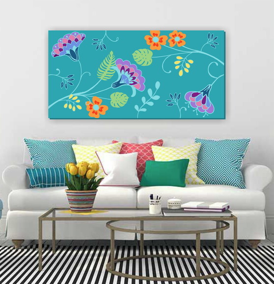 Quadro Pintura em Tela Floral Turquesa 100X50cm