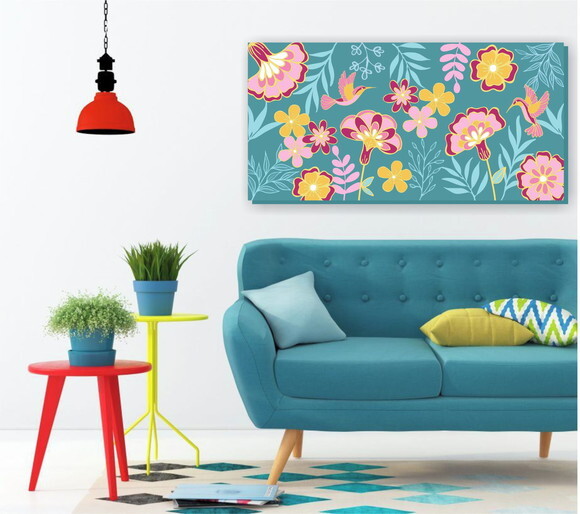 Quadro pintura em Tela Floral Turquesa 120x60cm