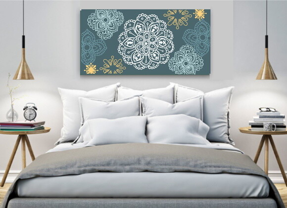 Quadro pintura em Tela Mand. Floral Petroleo 100X50cm