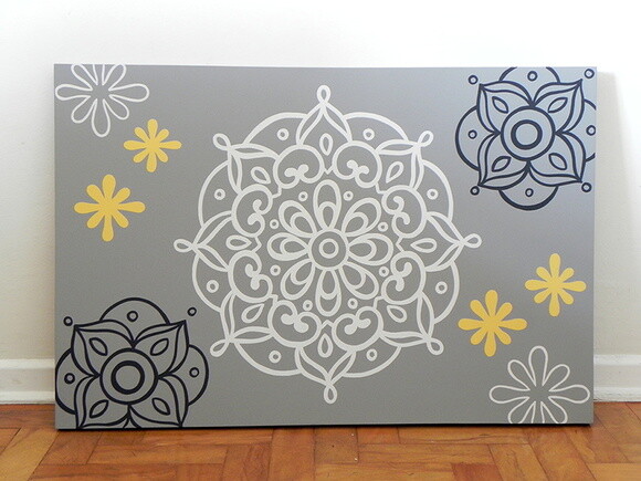 Quadro Pintura em Tela Mandala Cinza e Amarela 90X60cm