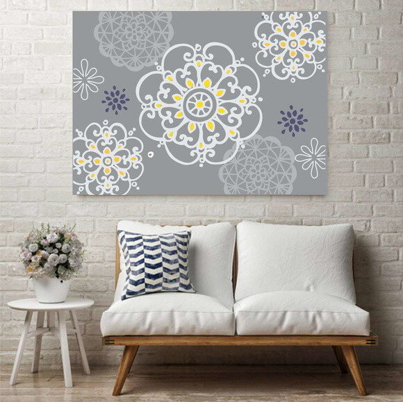 Quadro Pintura em Tela Mandala Cinza Amarela 1,00X0,70m
