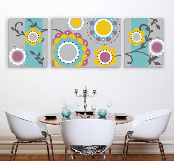 Quadro Pintura em Trio de Telas Floral Cinza Amarela