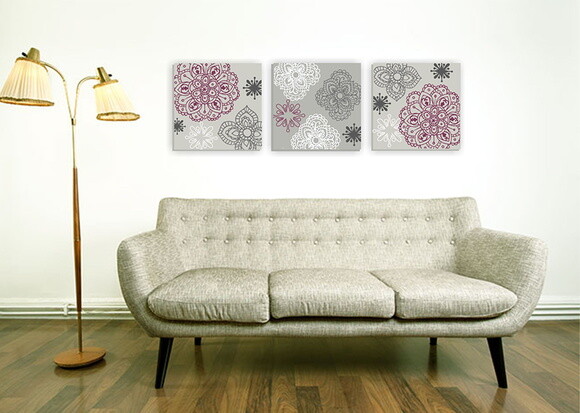 Quadro pintura em Trio de Telas Mandala Cinza/Roxa 60X60m