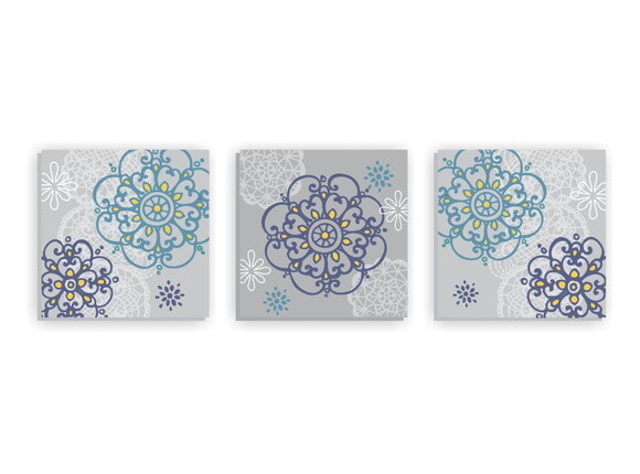Quadro Pintura em Trio de Telas Renda Floral cinza 60X60cm