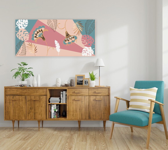 Tela Botânica Azul, Rosê e Bronze 100X50cm
